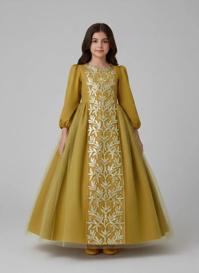 babyqlo Girls Gold Arabic Embroidered Party Occasion Maxi